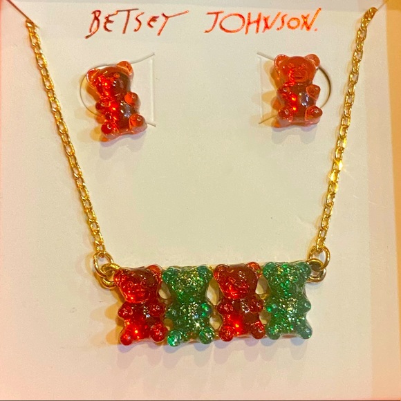 New Betsey Johnson Festive Gummy Bear Necklace & Stud Earrings Set - Picture 9 of 13